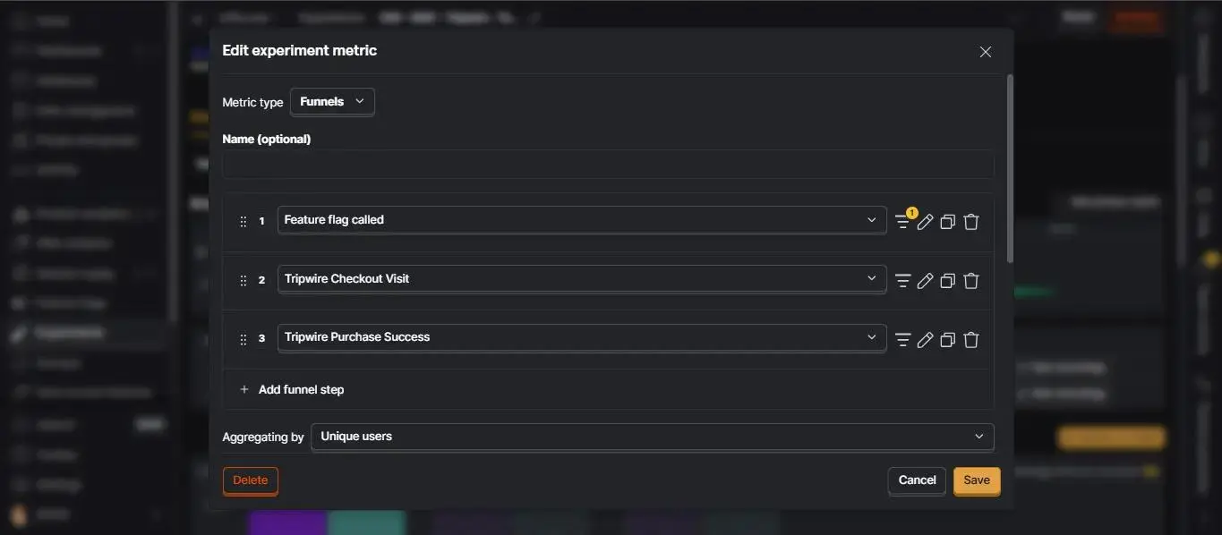 PostHog funnel metric setup with feature flag and checkout steps