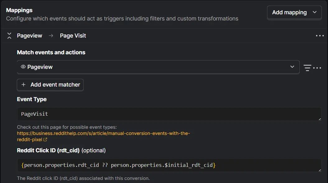 PostHog mapping screen with a Pageview event mapped to the Page Visit Reddit event type