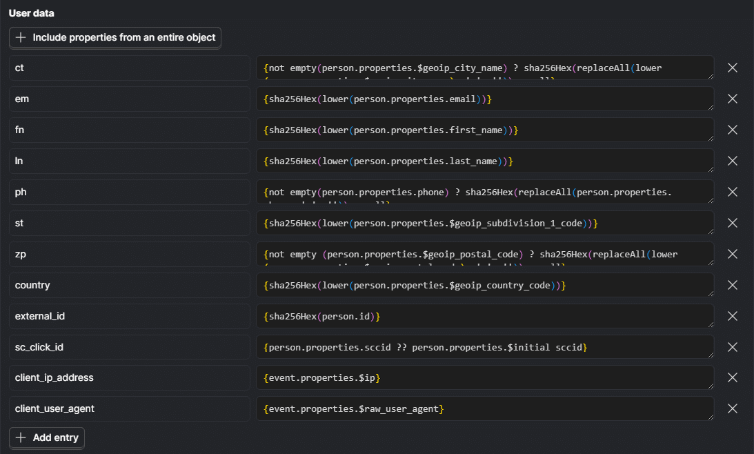 PostHog user data mapping fields for Snapchat Ads Conversions